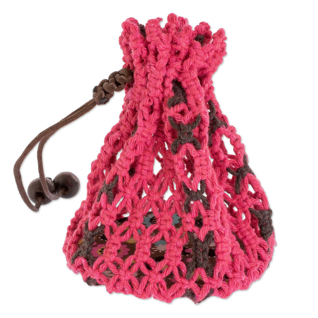 Cotton Macramé Drawstring Pouch with Wood Base - Tropical Pink