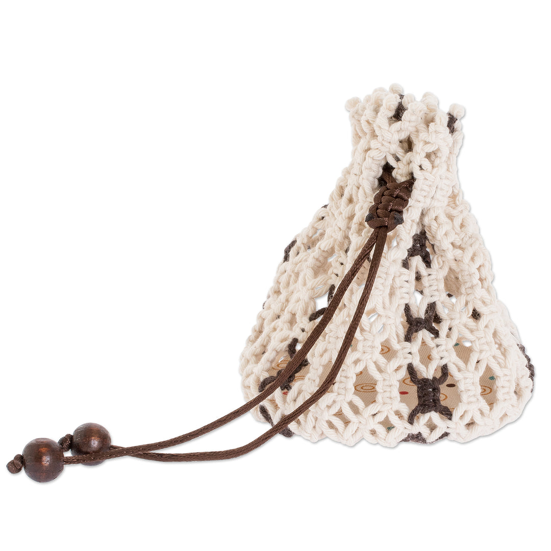 Cotton Macramé Drawstring Pouch with Wood Base - Tropical White