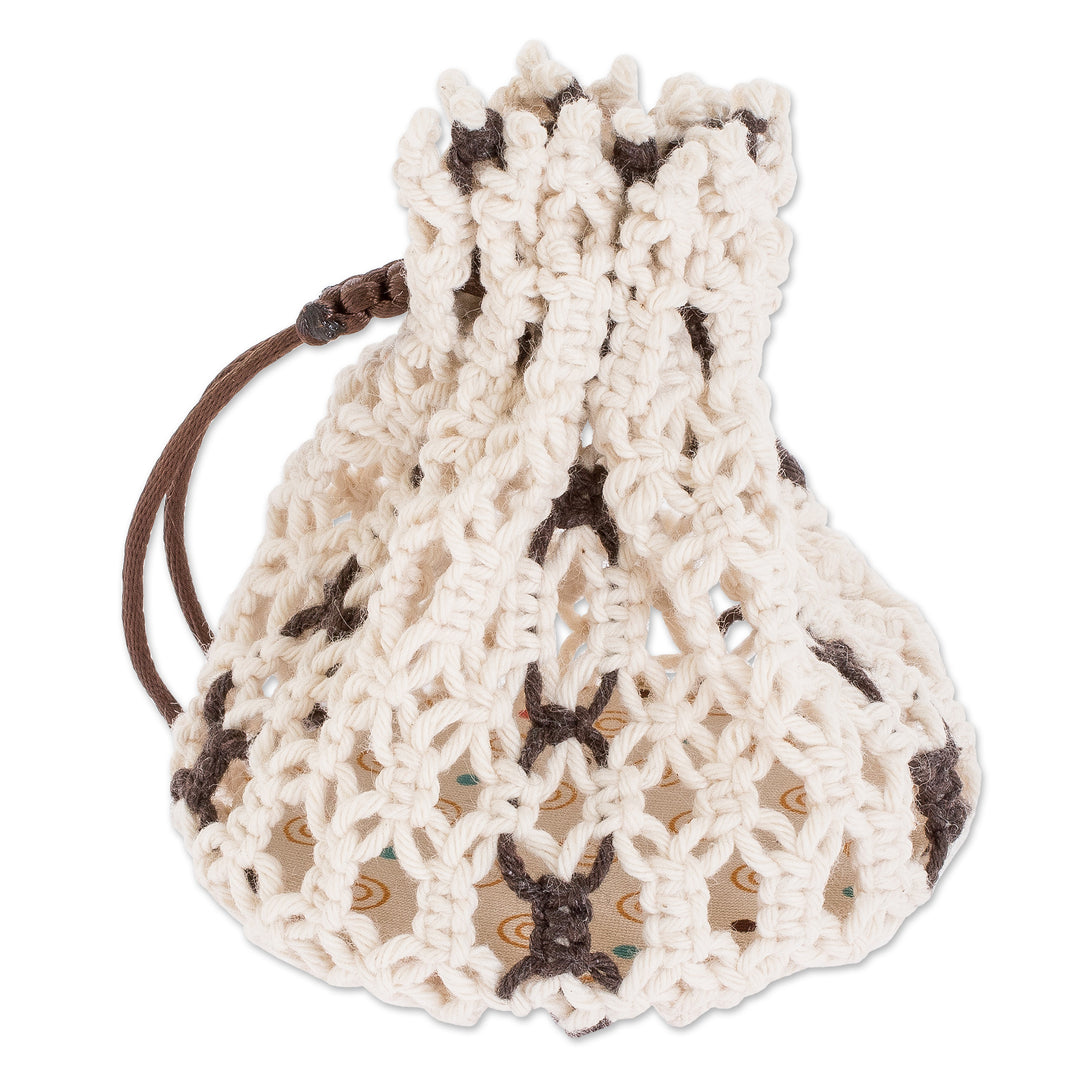 Cotton Macramé Drawstring Pouch with Wood Base - Tropical White