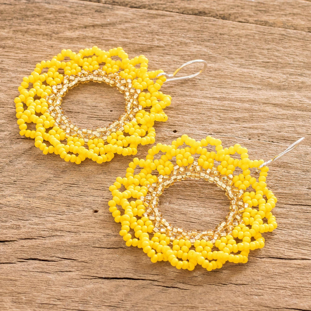 Yellow and White Beaded Sunflower Dangle Earrings with Hooks - Solar Glow