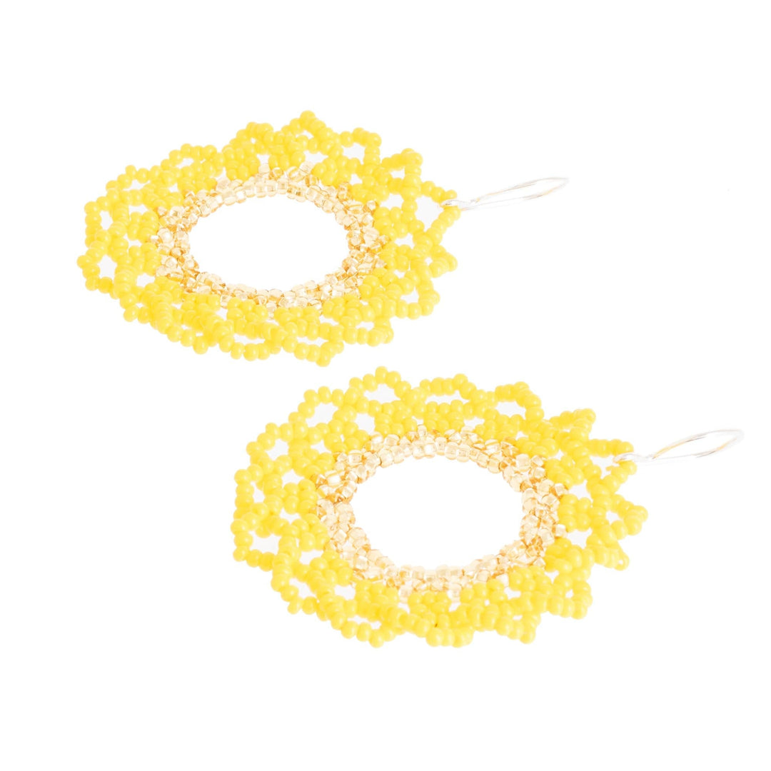 Yellow and White Beaded Sunflower Dangle Earrings with Hooks - Solar Glow