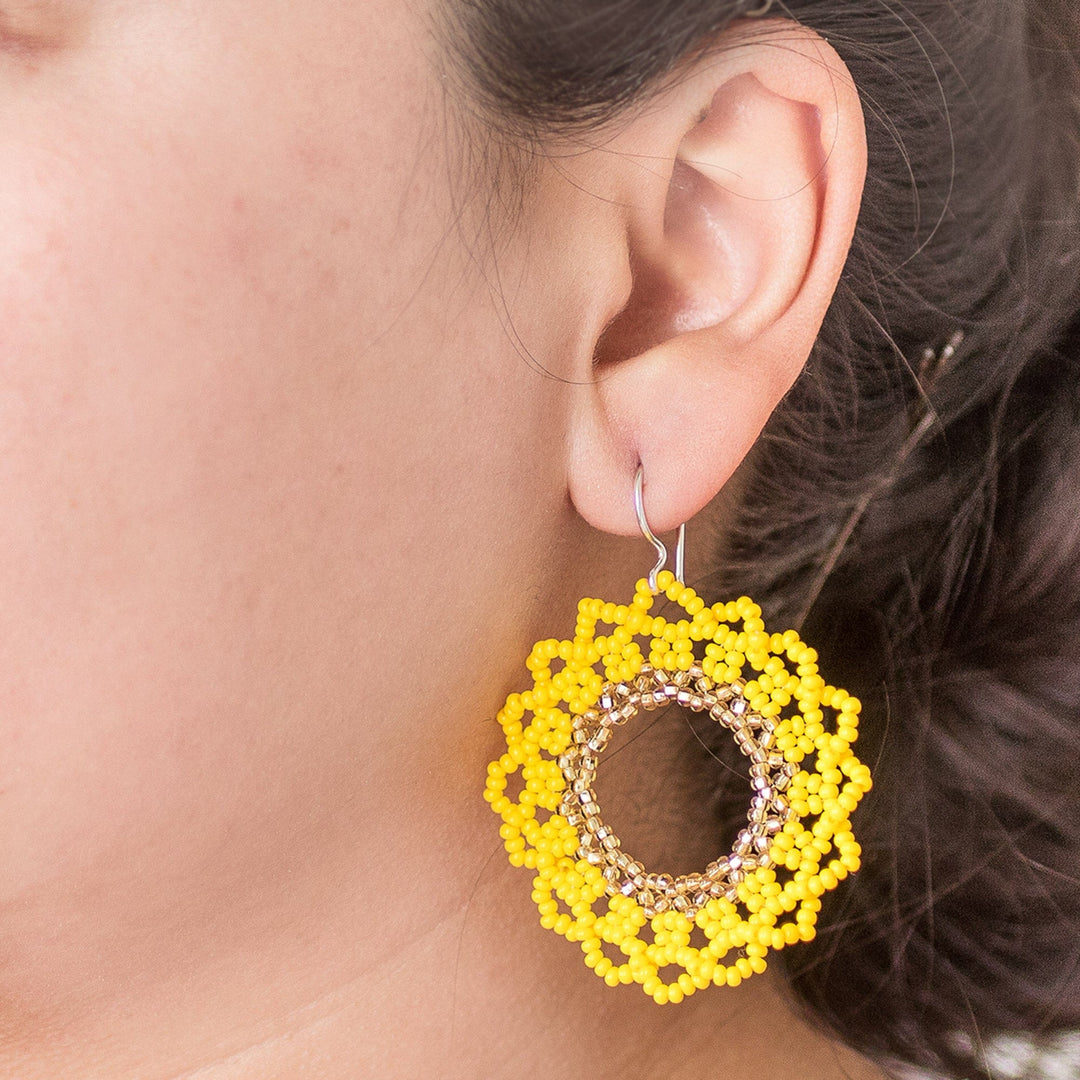 Yellow and White Beaded Sunflower Dangle Earrings with Hooks - Solar Glow