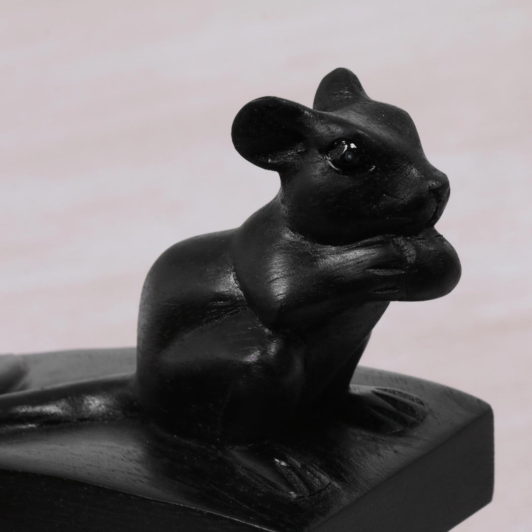 Hand Carved Suar Wood Mouse Door Stopper in Black from Bali - Charming Mouse in Black