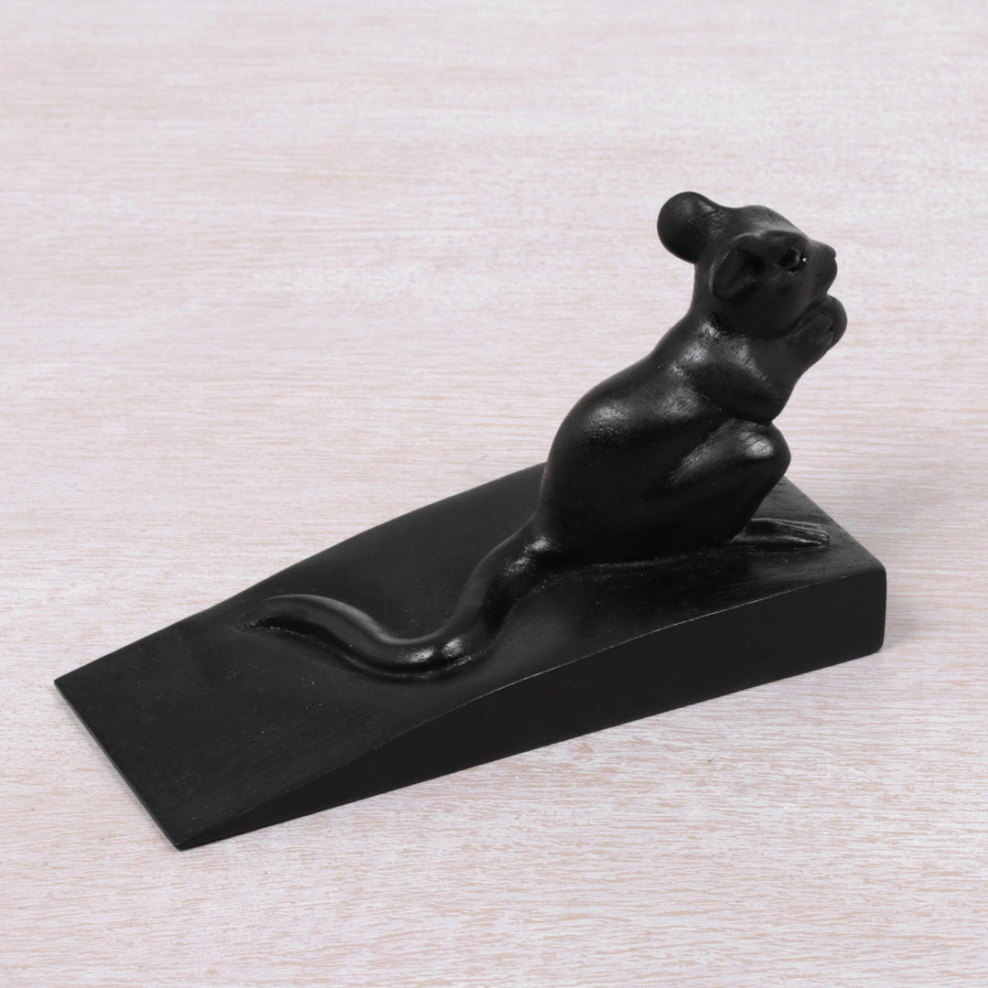 Hand Carved Suar Wood Mouse Door Stopper in Black from Bali - Charming Mouse in Black
