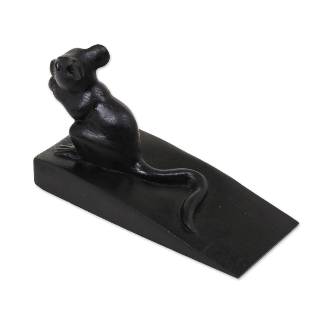 Hand Carved Suar Wood Mouse Door Stopper in Black from Bali - Charming Mouse in Black