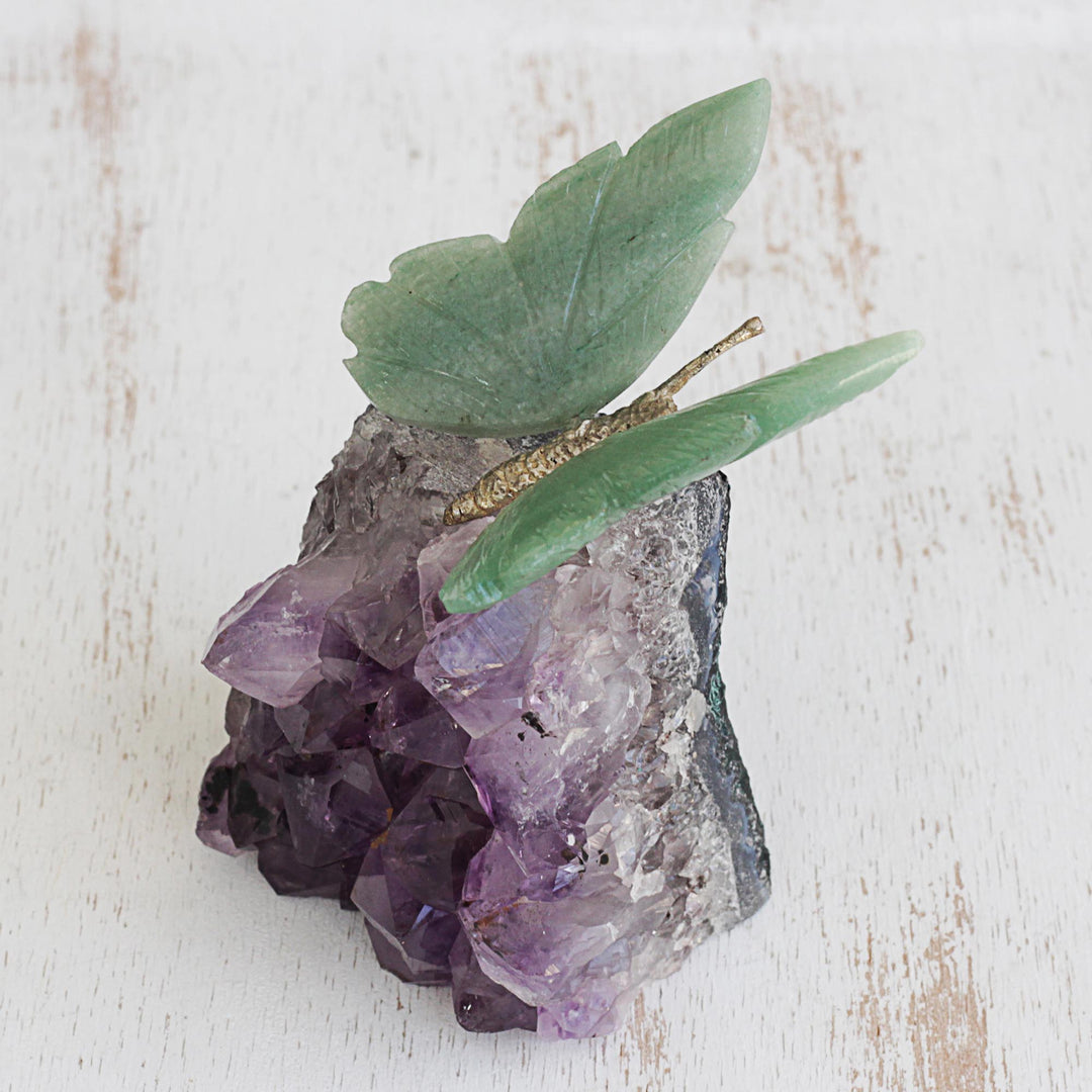 Quartz and Amethyst Butterfly Gemstone Sculpture from Brazil - Verdant Wings
