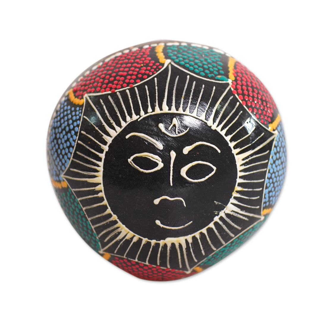 Coconut Shell Maraca Rattle with Multicolored Sun Design - Java Sunrise