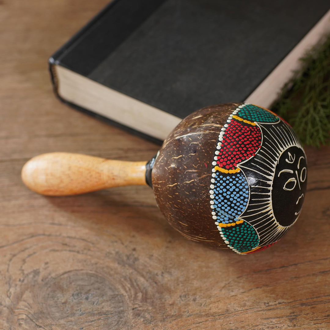 Coconut Shell Maraca Rattle with Multicolored Sun Design - Java Sunrise