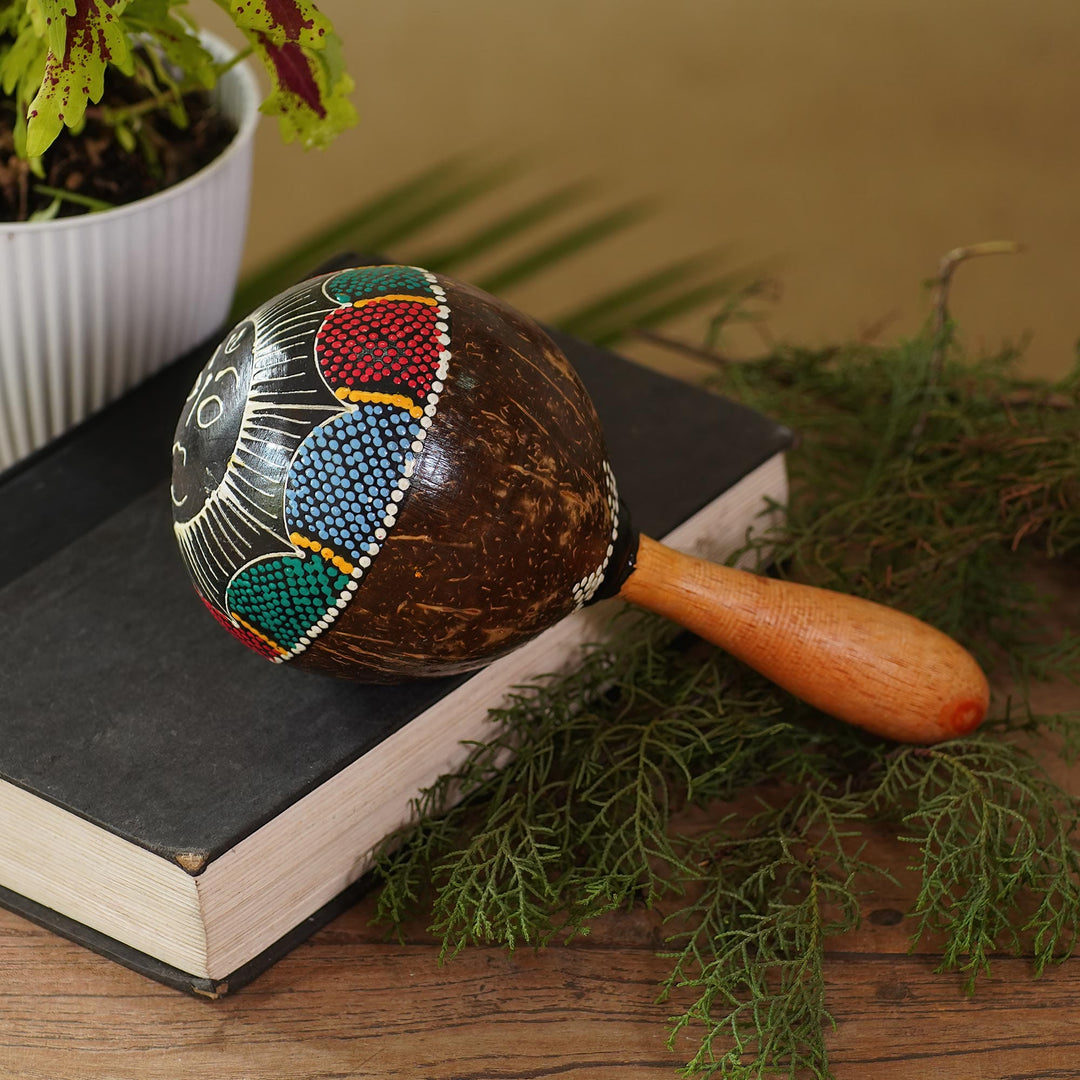 Coconut Shell Maraca Rattle with Multicolored Sun Design - Java Sunrise