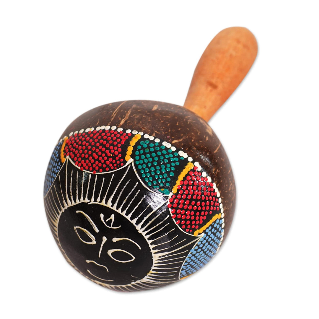Coconut Shell Maraca Rattle with Multicolored Sun Design - Java Sunrise