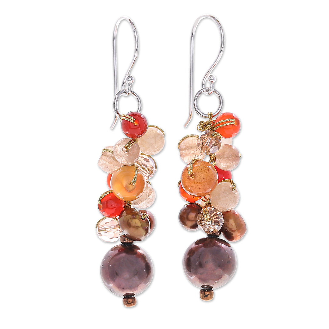 Chalcedony and Cultured Pearl Dangle Earrings - Chocolate Truffle