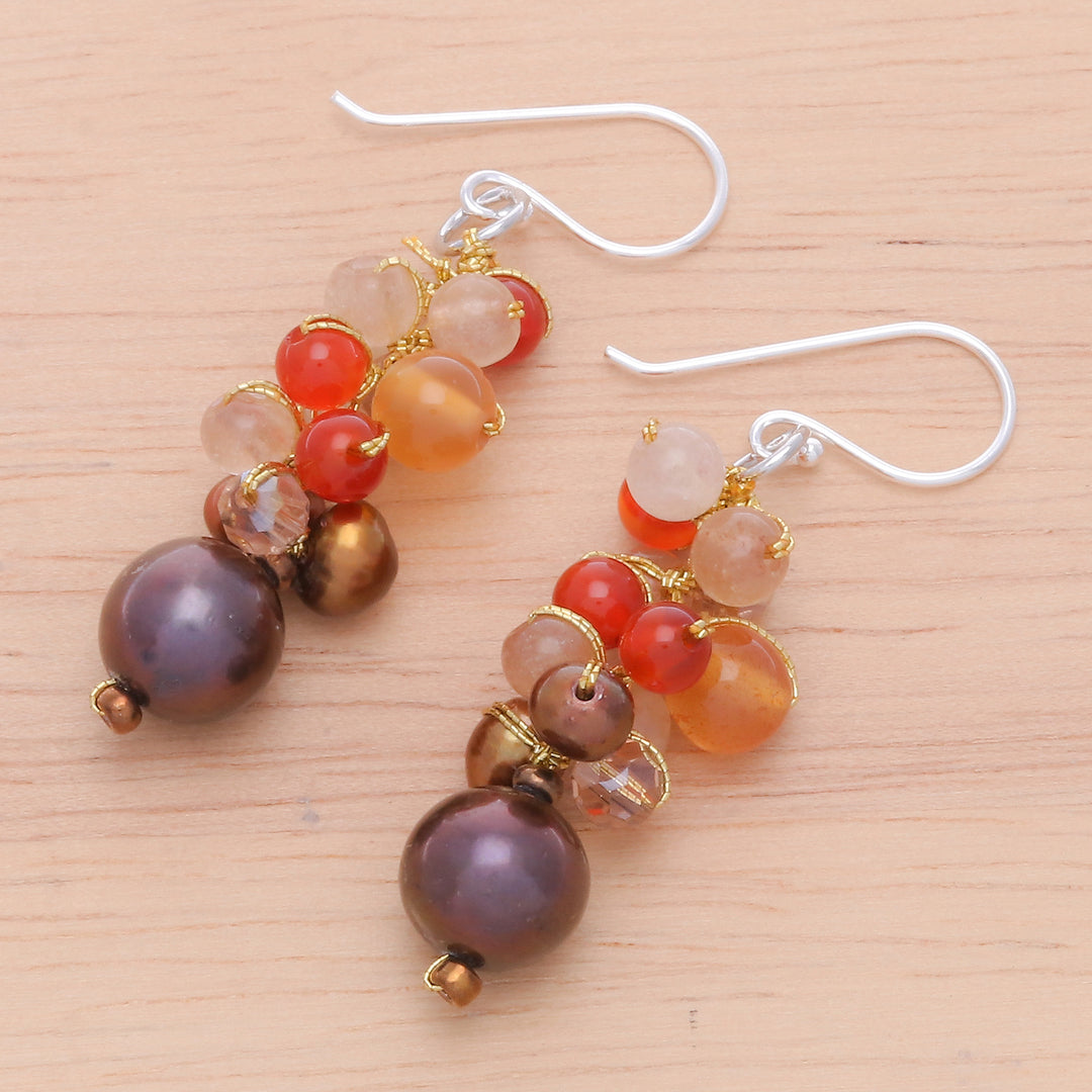 Chalcedony and Cultured Pearl Dangle Earrings - Chocolate Truffle