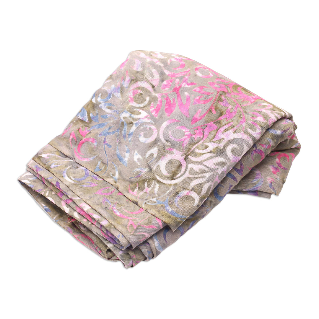 Colorful Rayon Sarong with Batik Leafy Pattern from Bali - Happy Foliage