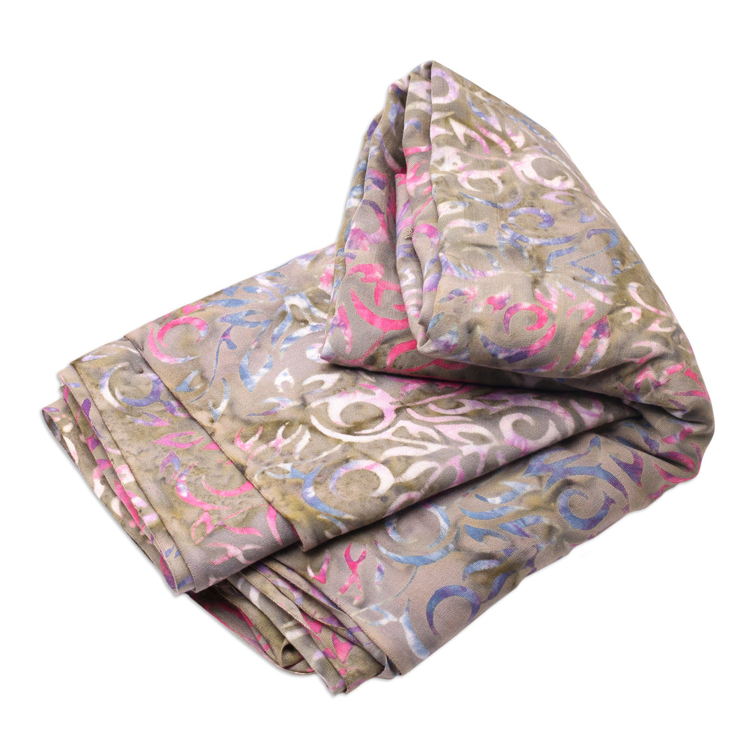 Colorful Rayon Sarong with Batik Leafy Pattern from Bali - Happy Foliage