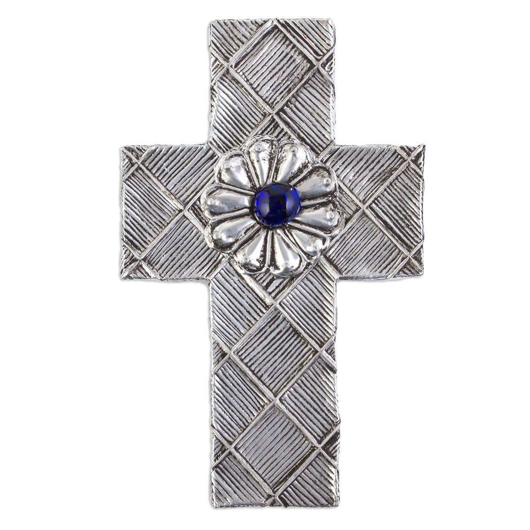 Mexican Repousse Wall Cross with Flower and Blue Glass - Mexican Faith