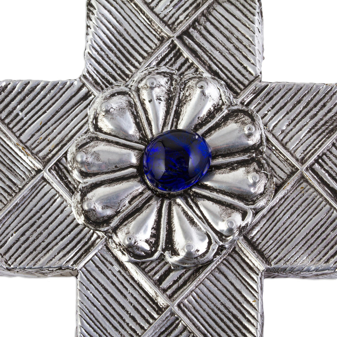 Mexican Repousse Wall Cross with Flower and Blue Glass - Mexican Faith