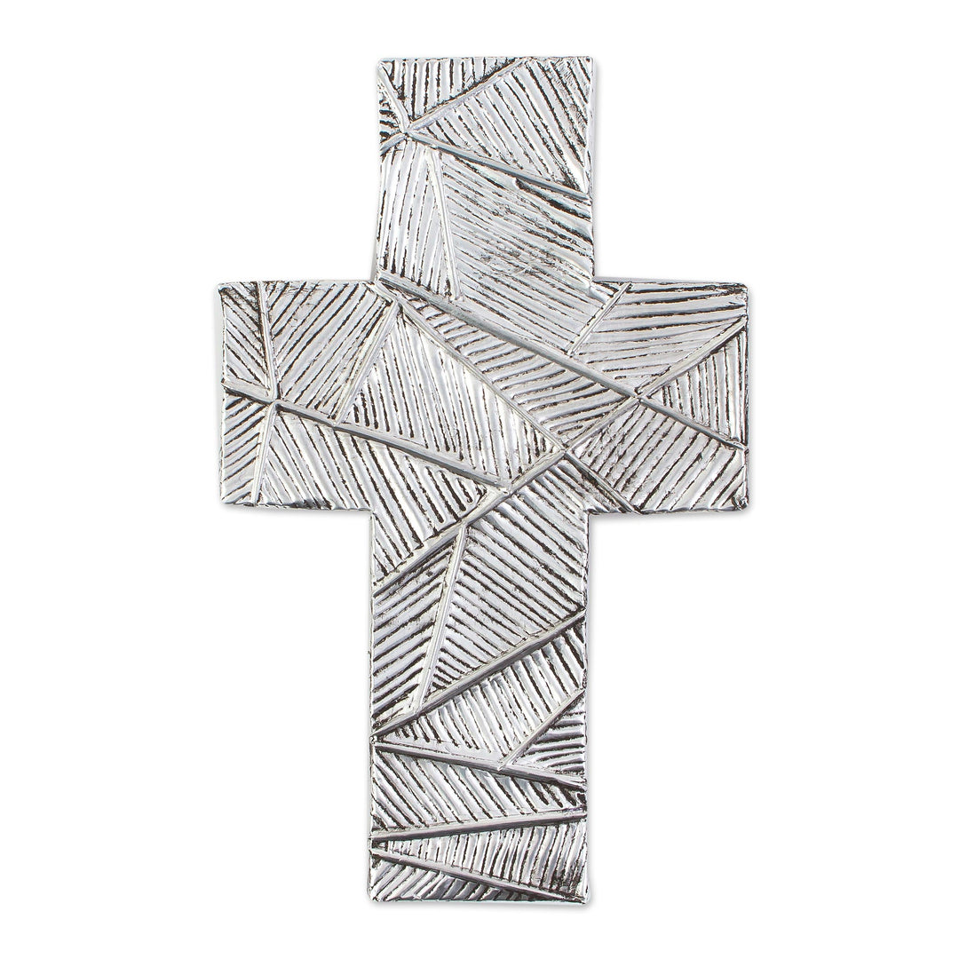 Wall Cross in Oxidized Crosshatched Aluminum Repousse - Mexican Belief