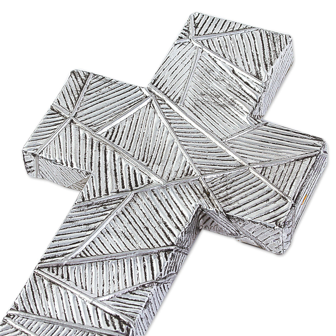 Wall Cross in Oxidized Crosshatched Aluminum Repousse - Mexican Belief