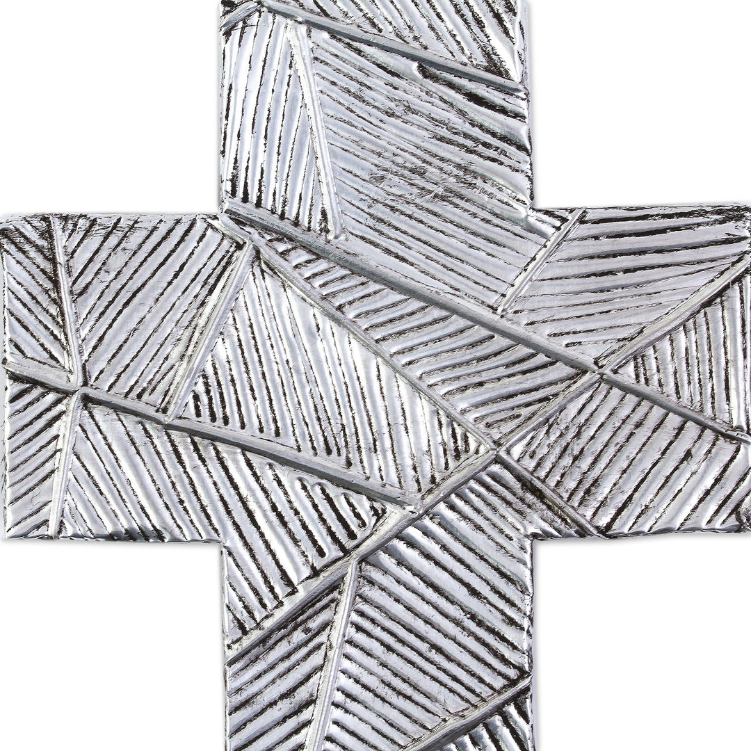 Wall Cross in Oxidized Crosshatched Aluminum Repousse - Mexican Belief