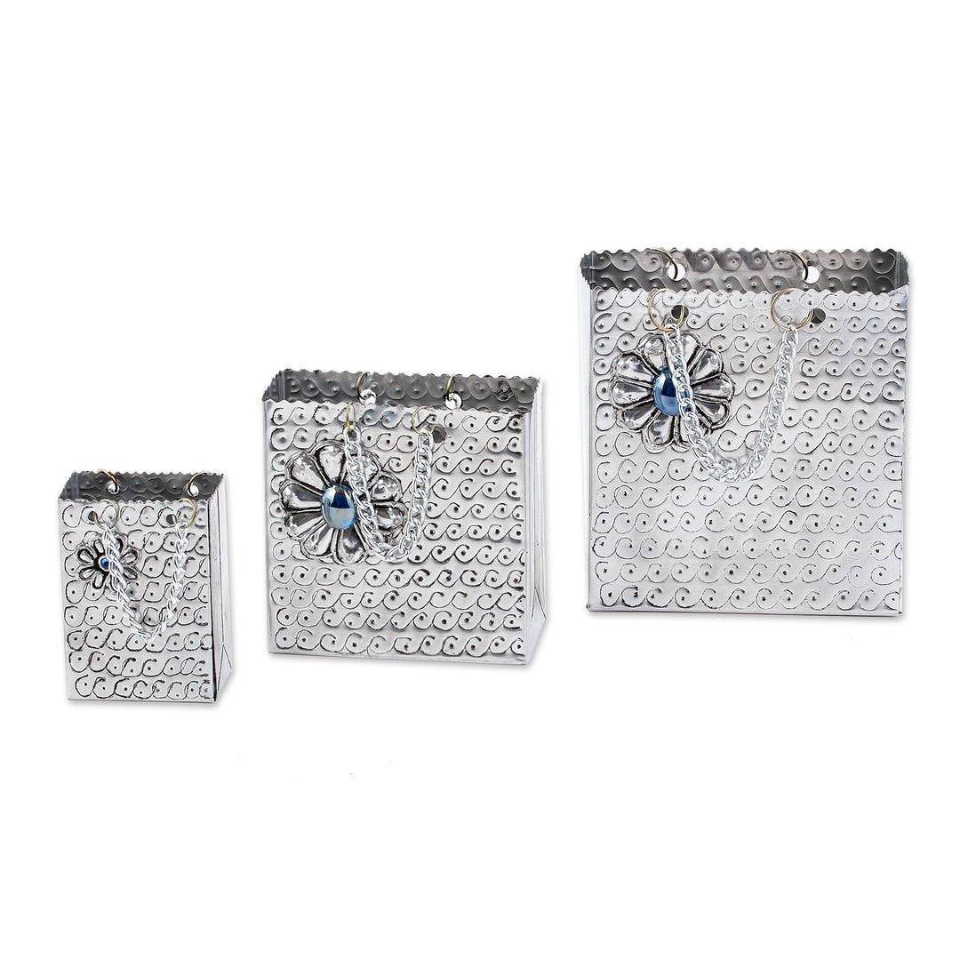 Aluminum Repousse Gift Bag Boxes from Mexico (Set of 3) - Blue Luxury