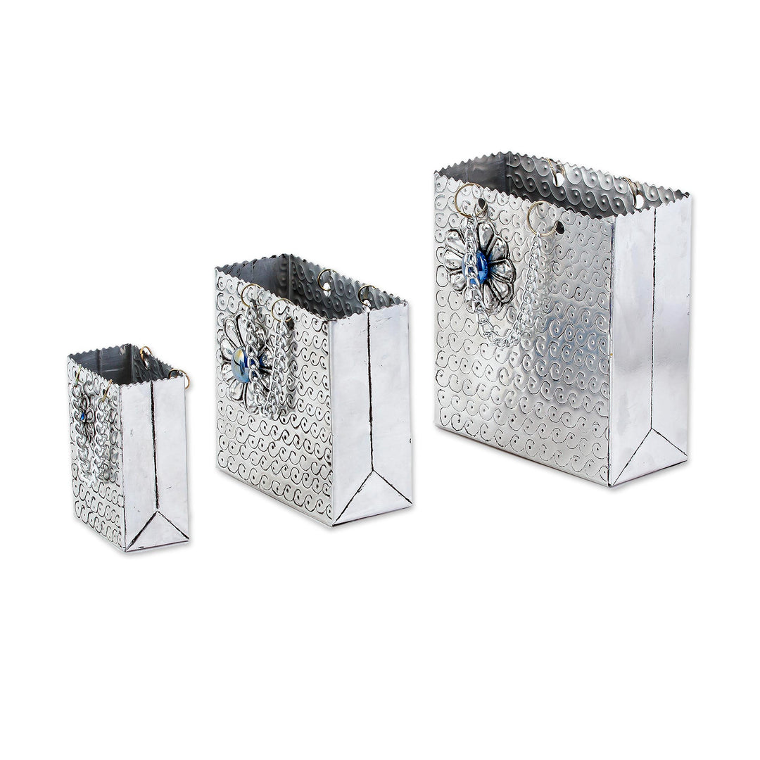 Aluminum Repousse Gift Bag Boxes from Mexico (Set of 3) - Blue Luxury