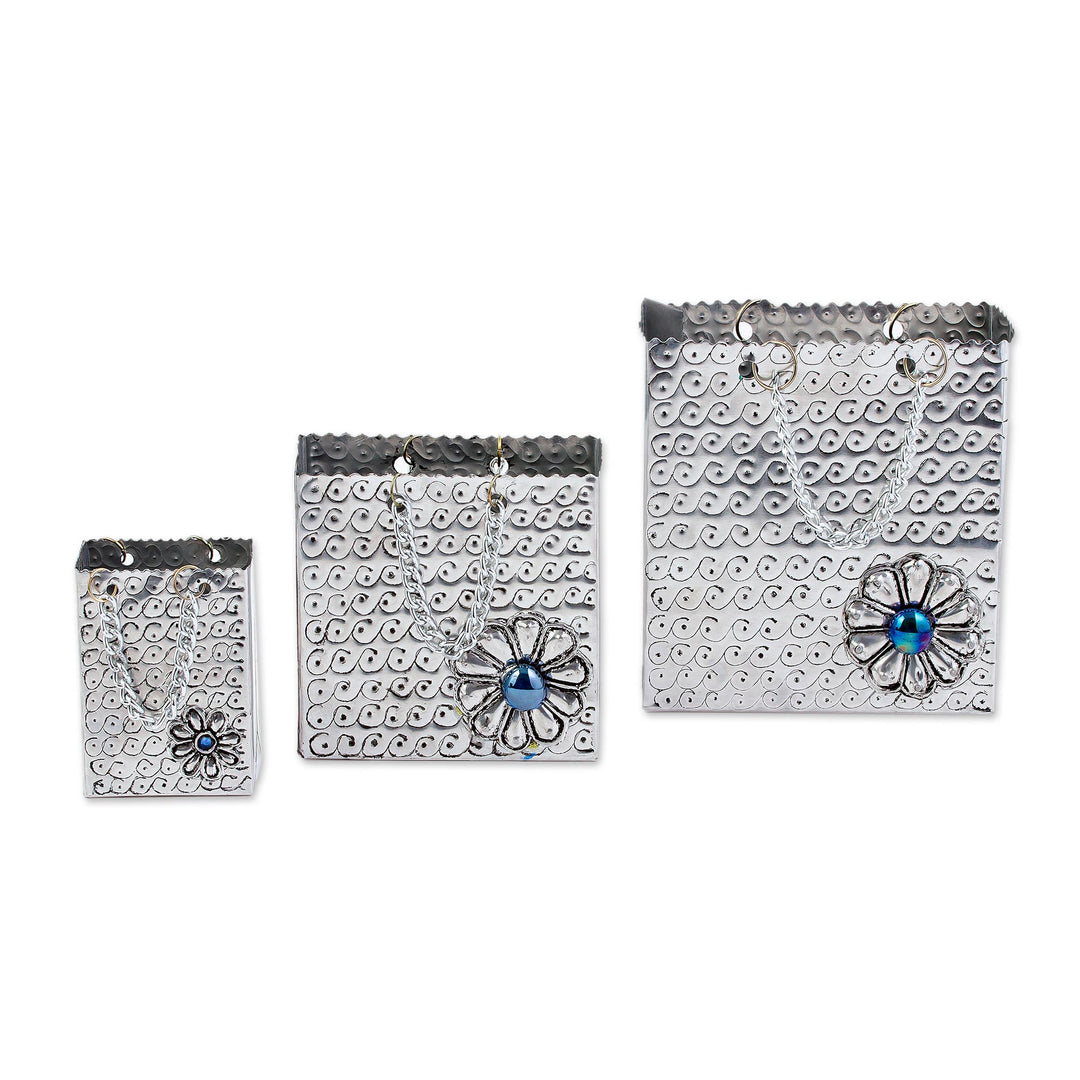 Aluminum Repousse Gift Bag Boxes from Mexico (Set of 3) - Blue Luxury