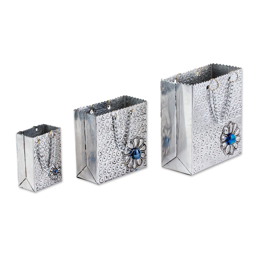 Aluminum Repousse Gift Bag Boxes from Mexico (Set of 3) - Blue Luxury