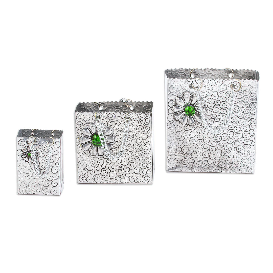 Aluminum Decorations with Flowers from Mexico (Set of 3) - Green Luxury