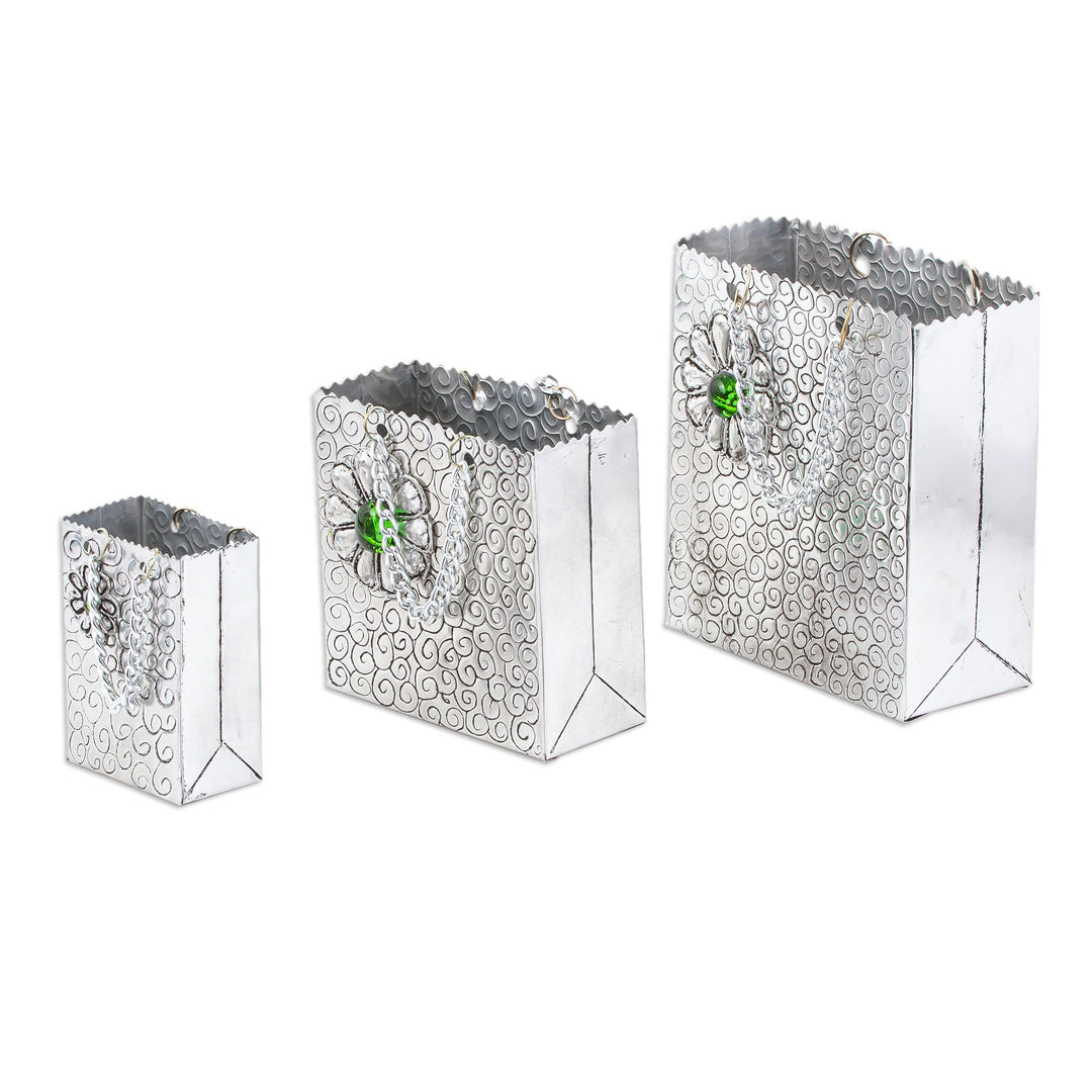 Aluminum Decorations with Flowers from Mexico (Set of 3) - Green Luxury