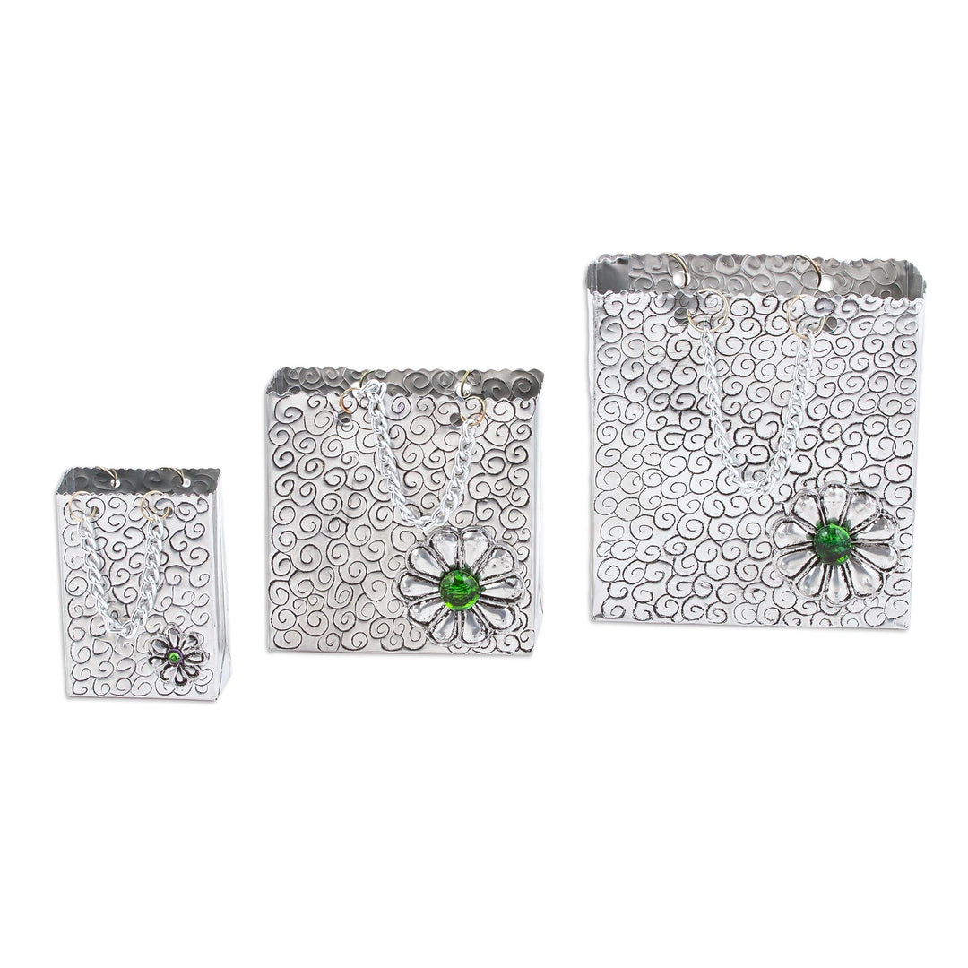 Aluminum Decorations with Flowers from Mexico (Set of 3) - Green Luxury