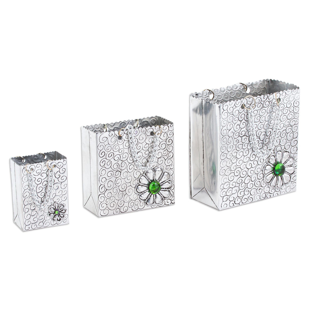 Aluminum Decorations with Flowers from Mexico (Set of 3) - Green Luxury