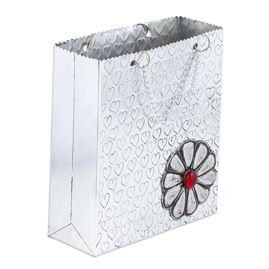 Aluminum Gift Bag-Shaped Decorative Container with Flower - Hearts and Flower
