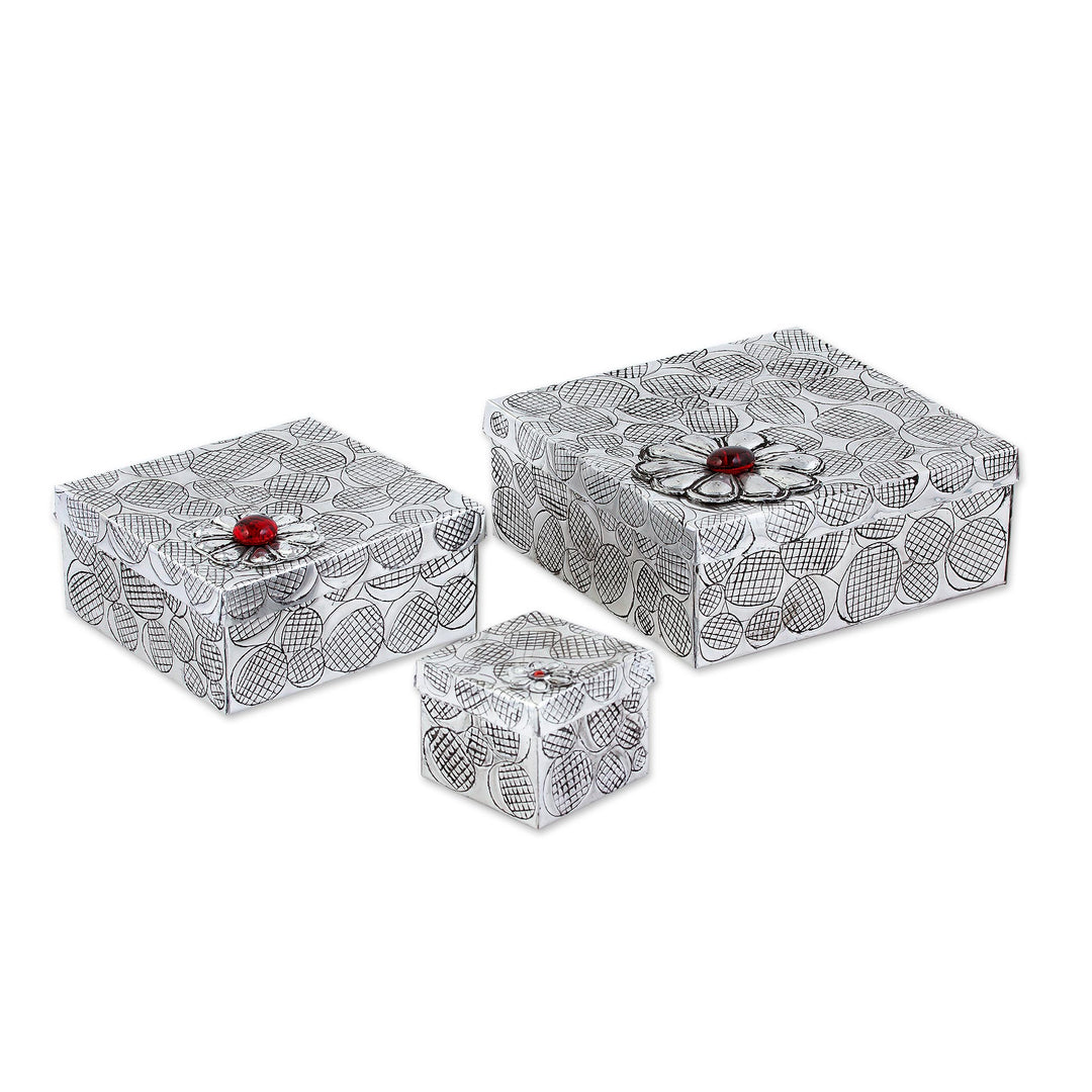 3 Gift Style Lidded Decorative Boxes of Aluminum Repousse - Joyous Gifts