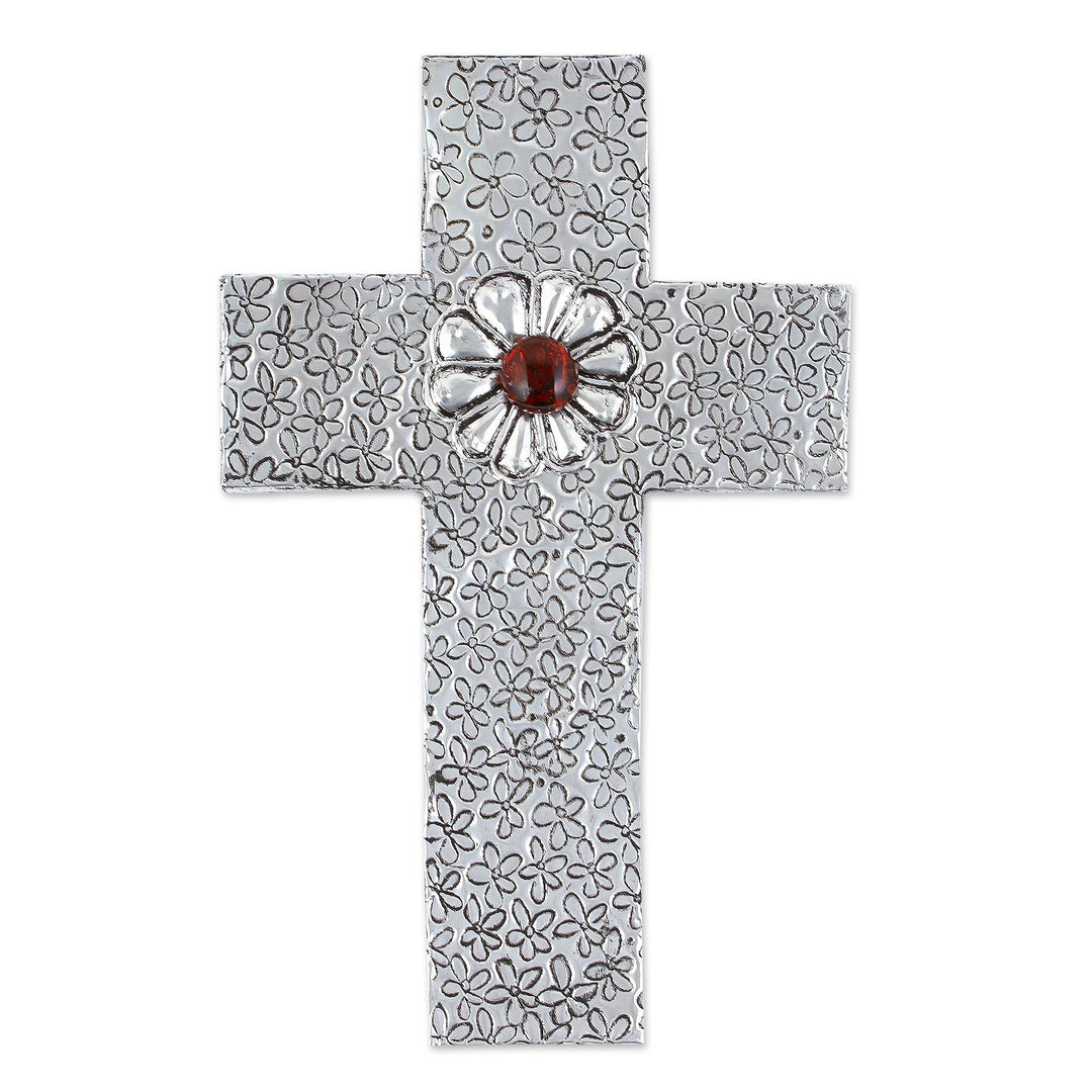 Decorative Wall Cross in Aluminum Repousse with Amber Flower - Prayers Like Flowers