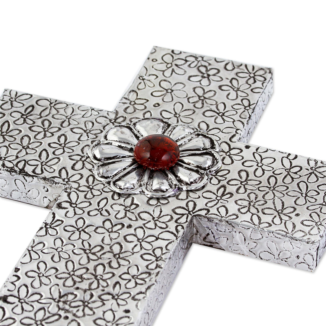 Decorative Wall Cross in Aluminum Repousse with Amber Flower - Prayers Like Flowers