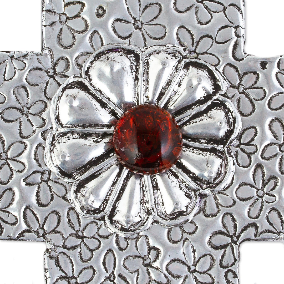 Decorative Wall Cross in Aluminum Repousse with Amber Flower - Prayers Like Flowers