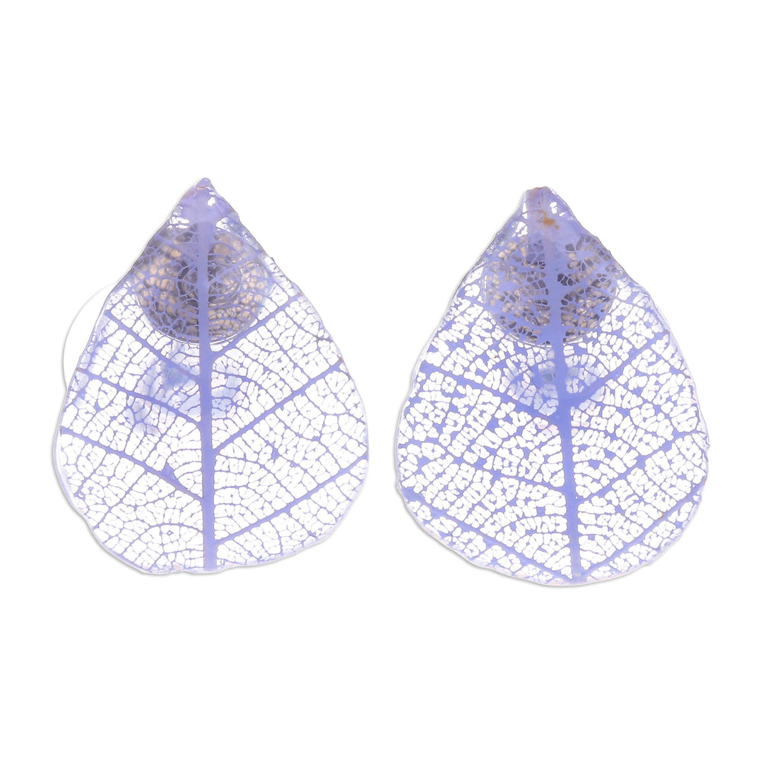 Blue Rubber Tree Leaf Button Earrings from Thailand - Tea Garden in Purple