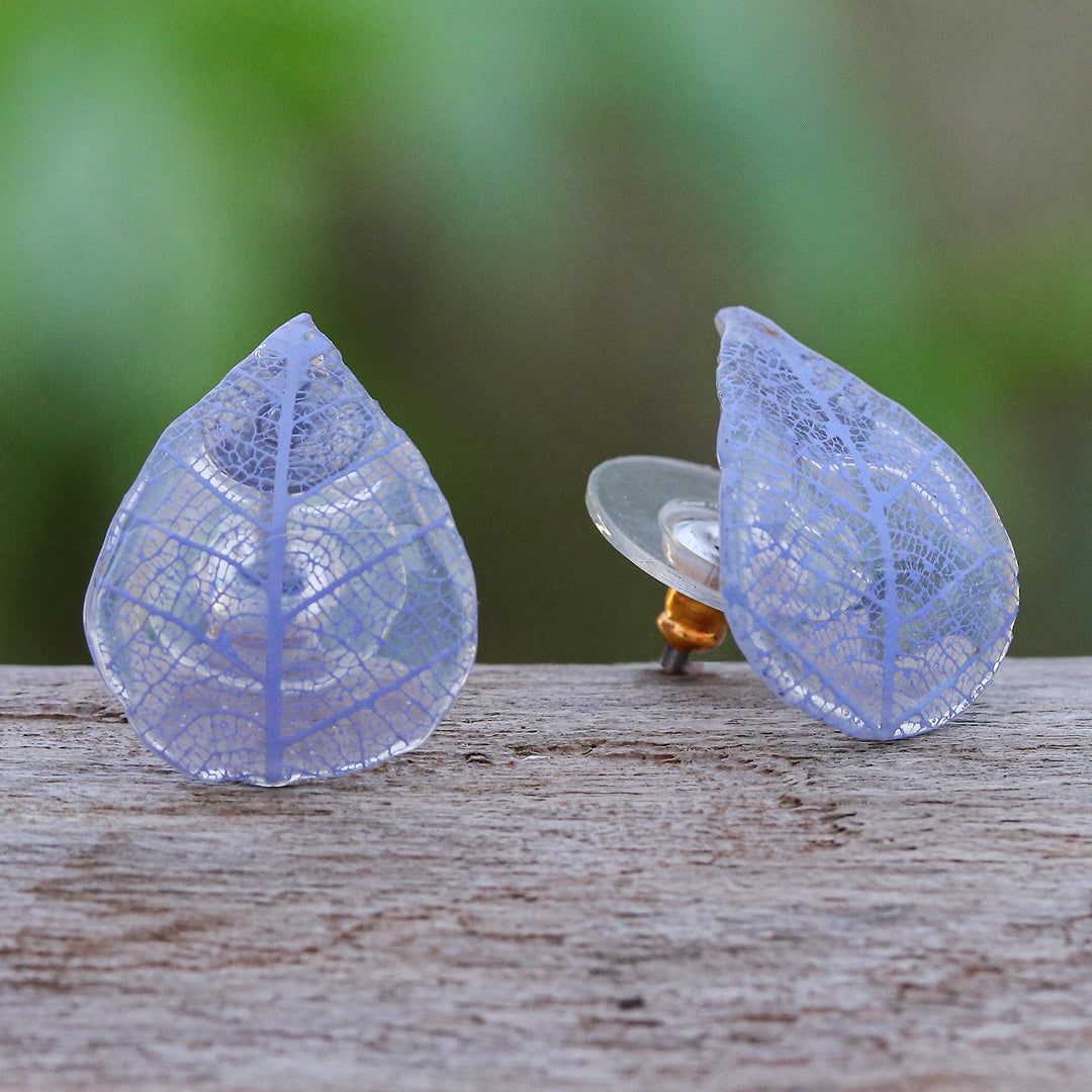 Blue Rubber Tree Leaf Button Earrings from Thailand - Tea Garden in Purple