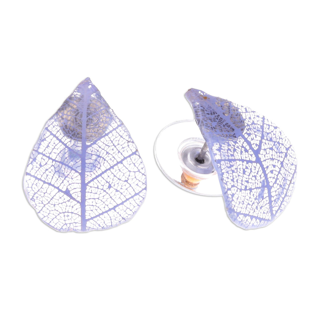 Blue Rubber Tree Leaf Button Earrings from Thailand - Tea Garden in Purple