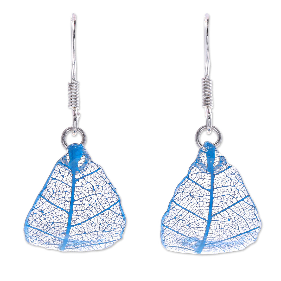 Sterling Silver and Blue Rubber Tree Leaf Earrings - Earthly Delight in Blue