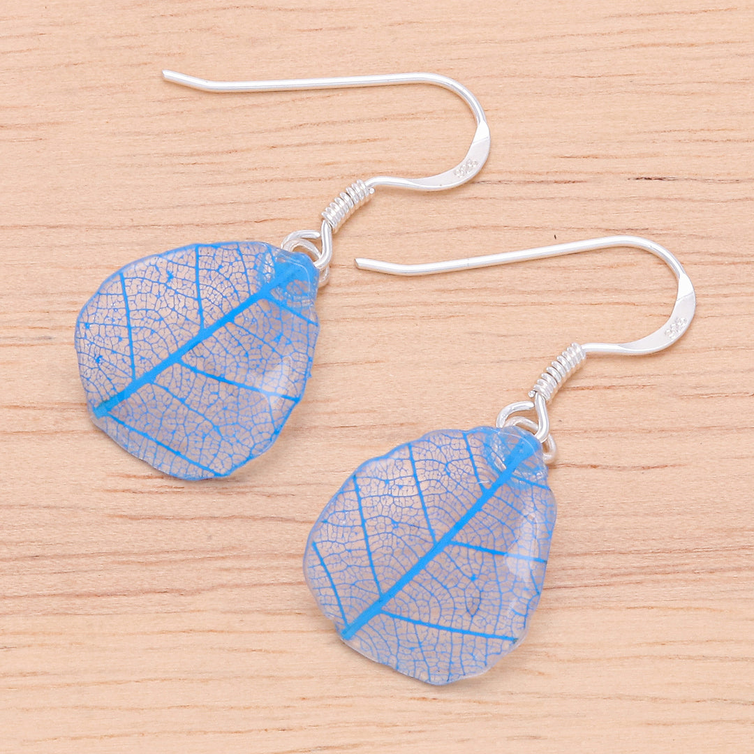 Sterling Silver and Blue Rubber Tree Leaf Earrings - Earthly Delight in Blue