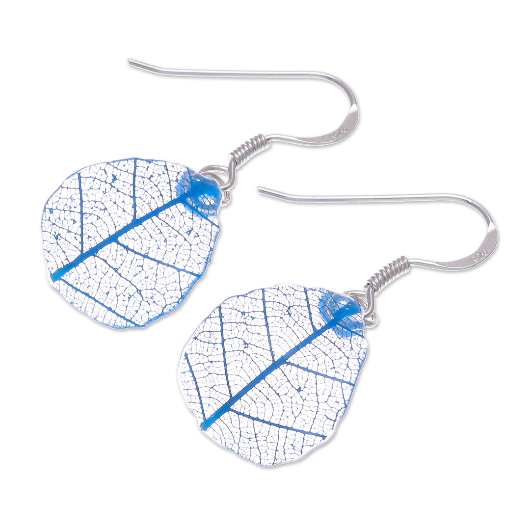 Sterling Silver and Blue Rubber Tree Leaf Earrings - Earthly Delight in Blue