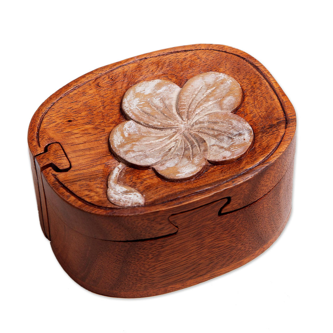Hand-Painted Suar Wood Puzzle Box - Soft Frangipani
