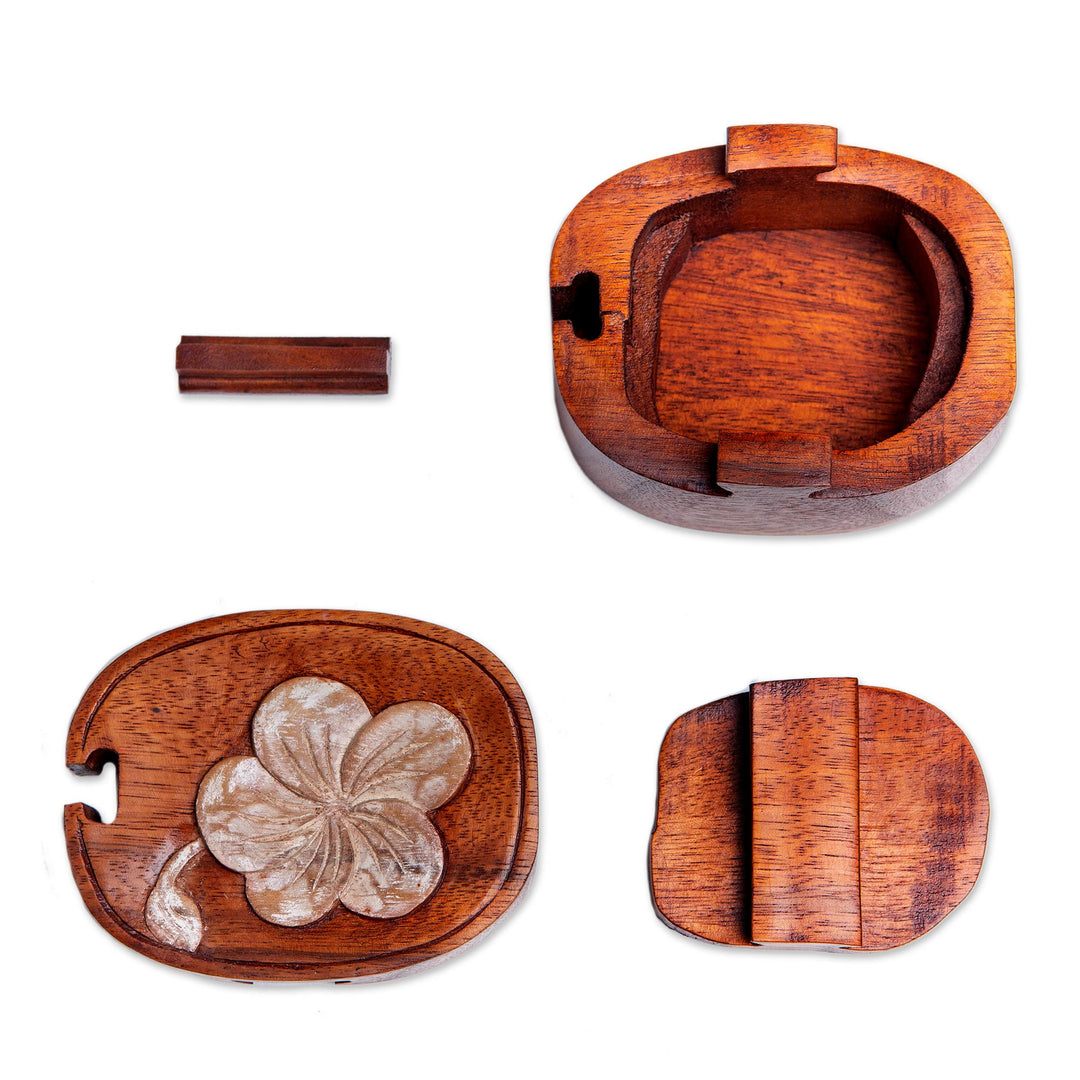 Hand-Painted Suar Wood Puzzle Box - Soft Frangipani