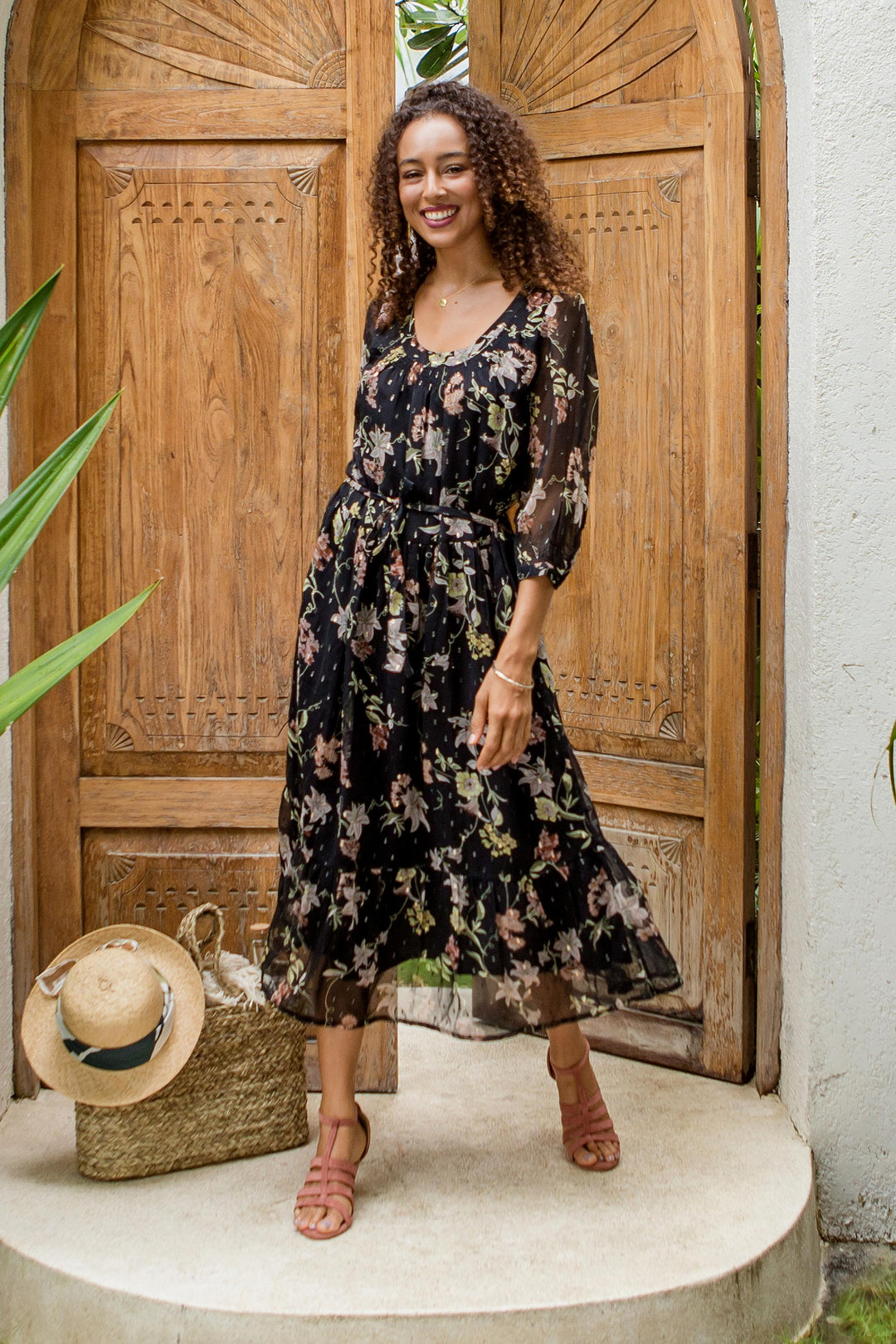 Chiffon Shift Dress with Floral Motif