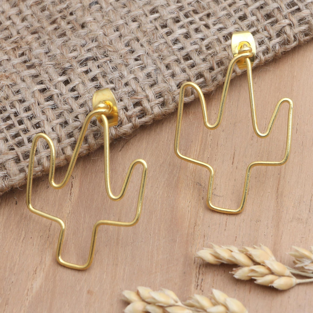 Gold-Plated Cactus Drop Earrings from Bali - Cactus Party