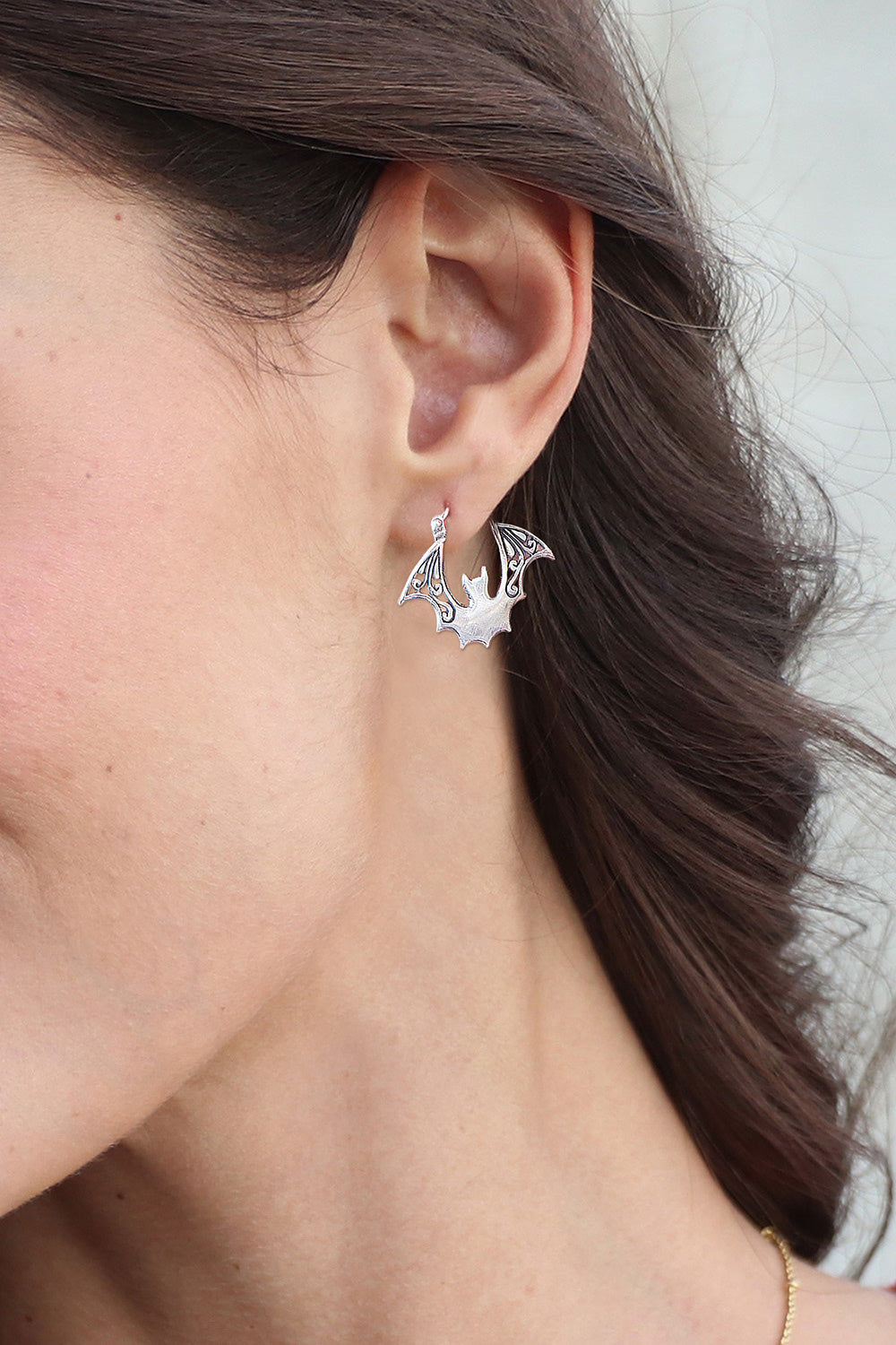 Sterling Silver Hoop Earrings with Bat Motif - Night Flight