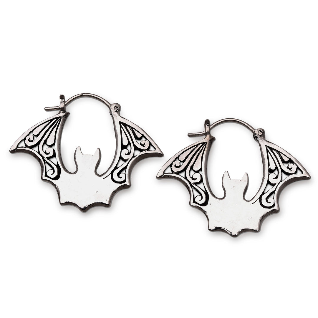Sterling Silver Hoop Earrings with Bat Motif - Night Flight
