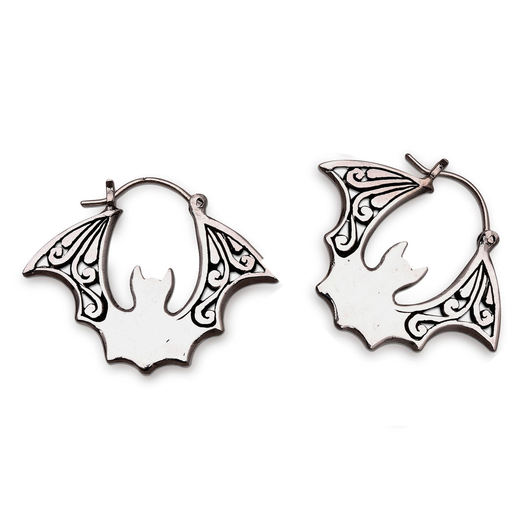 Sterling Silver Hoop Earrings with Bat Motif - Night Flight