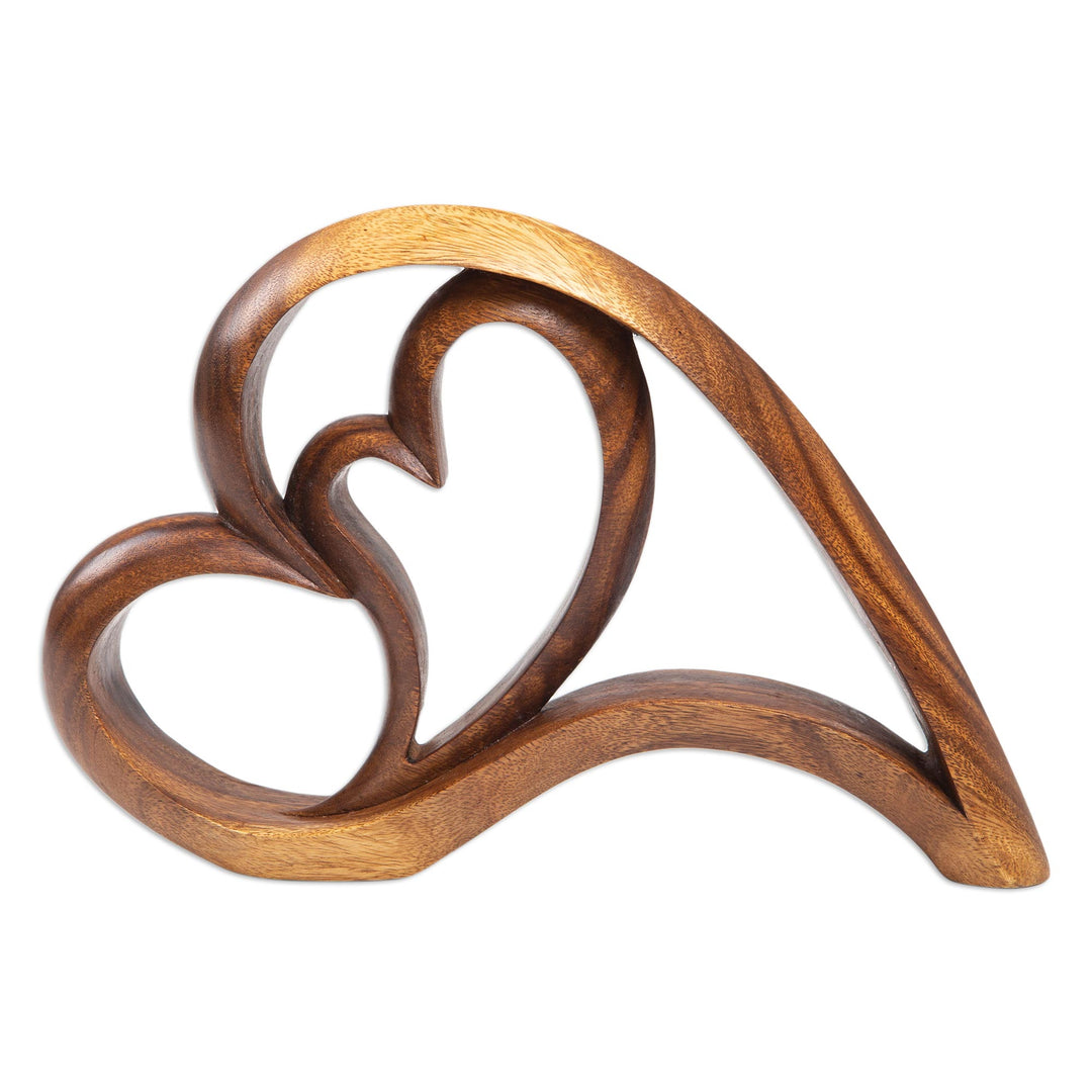 Handmade Suar Wood Statuette with Heart Motif - Layered Love